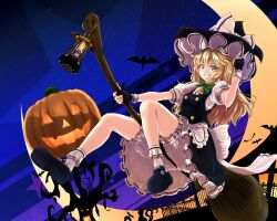 1girl apron bat_(animal) black_gloves blonde_hair bloomers bobby_socks bow braid broom broom_riding crescent_moon dress fingerless_gloves gloves grin hair_bow halloween hand_on_headwear hat hat_bow highres jack-o&#039;-lantern kirisame_marisa lantern long_hair looking_at_viewer moon night night_sky puffy_short_sleeves puffy_sleeves pumpkin shoes short_sleeves single_braid skirt sky smile socks solo star_(sky) star_(symbol) starry_sky taida_jun touhou underwear waist_apron witch_hat yellow_eyes