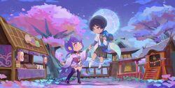 1boy 1girl arm_up black_hair black_shorts black_thighhighs blue_eyes blunt_bangs bridal_gauntlets cherry_blossoms chibi chibi_only closed_mouth commission couple falling_petals flying from_side full_moon genshin_impact glowing hair_ornament hetero highres holding_hands incest japanese_clothes kimono light_blush long_hair long_sleeves looking_at_another looking_down looking_up mole mole_under_eye mon_sugar moon mother_and_son multicolored_hair neck_ribbon night night_sky non-web_source outdoors petals pink_petals purple_eyes purple_hair purple_kimono raiden_shogun red_ribbon red_sash ribbon sash scaramouche_(genshin_impact) shadow short_hair short_sleeves shorts sky source_request standing streaked_hair thighhighs tree wanderer_(genshin_impact) wide_sleeves