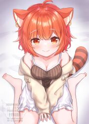 1girl absurdres ahoge animal_ear_fluff animal_ear_piercing animal_ears barefoot blush breasts cleavage ear_piercing fang feet highres matcha_november medium_breasts nijisanji orange_eyes orange_hair piercing raccoon_tail ratna_petit red_panda_girl red_panda_tail sitting skin_fang striped_tail tail virtual_youtuber wariza