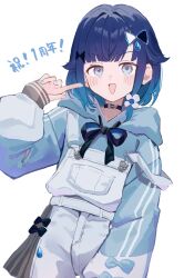 1girl absurdres black_choker blue_hair blue_hoodie blue_nails blush choker drawstring gradient_hair grey_eyes hair_flaps highres hood hoodie medium_hair multicolored_hair open_mouth overalls parted_bangs puffy_sleeves shumpi simple_background solo strap_slip striped_clothes striped_hoodie tied_drawstring tsumugi_kokage upper_body virtual_youtuber vspo! water_drop_hair_ornament white_background white_overalls