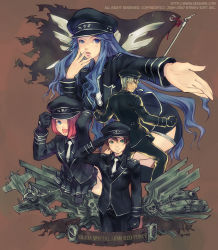 1boy alternate_hairstyle arin black_theme blue_eyes blue_hair brown_hair caterpillar_tracks curly_hair gloves hana hana_(pangya) hat lee_byung_hee male_focus matching_hair/eyes max max_(pangya) military military_vehicle motor_vehicle necktie nuri pangya peaked_cap pink_hair salute short_hair solo tank