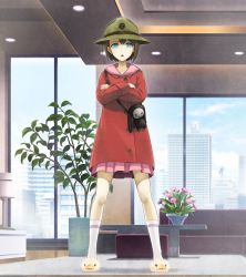1girl blue_eyes brown_hair coat crossed_arms day female_focus from_below full_body game_cg green_hat hair_between_eyes hat highres huke indoors looking_at_viewer miniskirt non-web_source official_art open_mouth pink_skirt pleated_skirt red_coat short_hair skirt solo standing steins;gate steins;gate_0 tennouji_nae white_legwear window