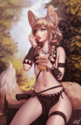 1girl animal_ear_fluff animal_ears armband artist_name bare_shoulders bee bracer braid bug commentary day ear_piercing flat_chest fox_ears fox_girl fox_tail highres honey honeycomb_(object) insect jewelry khiara_(personal_ami) large_tail licking licking_finger light_brown_hair long_hair looking_away navel necklace open_mouth orange_eyes original outdoors pelvic_curtain personal_ami piercing slit_pupils solo symbol-only_commentary tail thigh_strap tongue tongue_out tooth_necklace tree twin_braids
