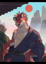2boys aizawa_(nh_st) arm_out_of_sleeve body_fur commentary_request cowboy_shot falling_petals furry furry_male highres japanese_clothes kimono letterboxed looking_at_viewer male_focus multiple_boys muscular muscular_male one_eye_closed original petals red_fur red_hair red_sun scar scar_across_eye scar_on_face short_hair wolf_boy yellow_eyes