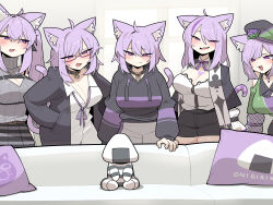 Rule 34 | 1other, 5girls, :3, absurdres, animal ear fluff, animal ears, beret, black hoodie, breasts, cat ears, cat tail, clone, cocomayo29 (tomato), commentary request, couch, drawstring, fang, half-closed eyes, hands in pocket, hat, highres, hololive, hood, hood down, hoodie, indoors, korean commentary, large breasts, looking at another, loose neck ribbon, meme, multiple girls, naughty face, neck ribbon, nekomata okayu, nekomata okayu (1st costume), nekomata okayu (8th costume), nekomata okayu (oversized shirt), nekomata okayu (poisonya syndrome), nekomata okayu (wonderland), onigirya (nekomata okayu), photo-referenced, pillow, piper perri surrounded (meme), purple eyes, purple hair, purple ribbon, ribbon, short hair, sitting, standing, tail, virtual youtuber