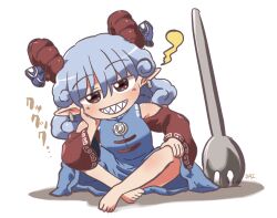1girl bare_shoulders barefoot blue_dress blue_hair blue_ribbon blush commentary_request crossed_ankles detached_sleeves dress earrings full_body grin hair_between_eyes head_rest horn_ornament horn_ribbon horns jewelry looking_at_viewer meandros pointy_ears red_eyes red_horns red_sleeves ribbon rokugou_daisuke sharp_teeth sheep_horns short_hair simple_background sitting smile solo spork teeth touhou toutetsu_yuuma white_background