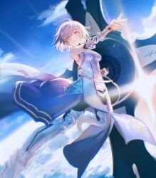 1girl absurdres armor armored_boots bare_shoulders blue_sky boots cloud commentary_request fate/grand_order fate_(series) gauntlets heartunder_hub highres holding holding_shield looking_at_viewer mash_kyrielight mash_kyrielight_(paladin) official_alternate_costume purple_eyes shield short_hair sky solo white_armor