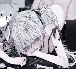 1boy 1girl absurdres animal_ears aochan_1325 bandaid black_camisole black_thighhighs blood blood_on_face blush camisole collar couple dog_ears dog_hair_ornament doggystyle ear_piercing flat_chest grey_eyes grey_hair hair_ornament hetero highres long_hair nosebleed open_mouth original pale_skin piercing pill sex sex_from_behind solo_focus sweat syringe thighhighs top-down_bottom-up trembling