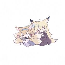 2girls :d ^_^ animal_ears arknights bare_shoulders black_jacket black_skirt blonde_hair blue_hairband blush_stickers brushing_tail chibi closed_eyes collared_shirt commentary_request dr_maymei flower flying_sweatdrops fox_ears fox_girl fox_tail hair_between_eyes hair_brush hairband highres holding holding_hair_brush jacket jacket_on_shoulders kitsune long_hair long_sleeves mother_and_daughter multiple_girls necktie open_mouth pantyhose pink_flower pleated_skirt purple_skirt red_necktie shirt simple_background sitting skirt smile suzuran_(arknights) tail very_long_hair vulpisfoglia_(arknights) watermark white_background white_pantyhose white_shirt
