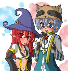 Rule 34 | 1boy, 1girl, arch bishop (ragnarok online), black choker, black gloves, blue coat, blue eyes, blue hair, breasts, choker, closed mouth, coat, commentary request, crop top, cropped jacket, cross, cross choker, cross necklace, cross of prontera, fingerless gloves, glasses, gloves, green-tinted eyewear, hat, heart, heart in mouth, jack-o&#039;-lantern hat ornament, jacket, jewelry, long sleeves, looking at viewer, monou0135, necklace, open mouth, pince-nez, pointy ears, purple hat, raccoon hat, ragnarok online, red eyes, red hair, shirt, small breasts, smile, sunglasses, suspenders, tinted eyewear, upper body, warlock (ragnarok online), white background, white jacket, white shirt, witch hat