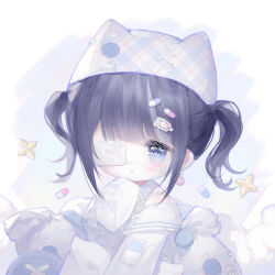 1girl :o animal_ear_headwear animal_ears bare_shoulders beanie black_hair blue_eyes blue_hat cat_ears character_request clothing_cutout cloud collared_jacket eyelashes eyepatch fake_animal_ears grey_hair hair_ornament hairclip hand_on_own_chin hat highres infinity_nikki jacket light_blush long_sleeves looking_ahead medical_eyepatch mugoa_mugo multicolored_hair nikki_(series) parted_lips pill pill_hair_ornament plaid_hat pocket quirky_idea_(infinity_nikki) shirt short_hair short_twintails shoulder_cutout sleeves_past_fingers sleeves_past_wrists solo stitches streaked_hair syringe syringe_hair_ornament twintails upper_body white_background white_shirt yami_kawaii