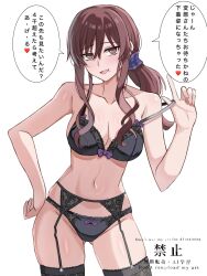 1girl black_bra black_panties black_thighhighs bra breasts brown_eyes brown_hair cowboy_shot garter_belt highres large_breasts long_hair noel_(tsukihime) panties simple_background solo speech_bubble thighhighs tsukihime underwear watermark weilaizuigao703 white_background