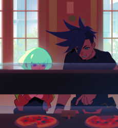 2boys absurdres black_shirt blue_eyes blue_hair food galo_thymos green_hair grin highres indoors jacket km_(ksolee1201) lio_fotia looking_to_the_side male_focus mohawk multiple_boys pants pizza promare purple_eyes red_jacket shirt short_sleeves smile window