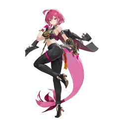 1girl absurdres ahegao bare_shoulders breasts cleavage codename_j expressionless glasses gloves guardian_tales highres jacket looking_at_viewer medium_breasts navel official_art open_clothes open_jacket pink_eyes pink_hair solo tagme tail