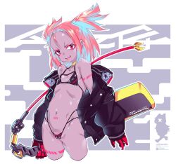 Rule 34 | 1girl, bare shoulders, bikini, black bikini, black jacket, blue hair, cameltoe, commentary request, covered erect nipples, cowboy shot, cropped legs, cyborg, dark-skinned female, dark skin, eyeliner, fangs, flat chest, highleg, highleg bikini, highres, holding, holding sword, holding weapon, jacket, looking at viewer, makeup, mechabare, mechanical arms, mechanical sword, medium hair, micro bikini, mudou eichi, multicolored hair, navel, off shoulder, open clothes, open jacket, open mouth, original, pink eyes, pink hair, prosthesis, prosthetic arm, sketch, smile, solo, swimsuit, sword, teeth, two-tone hair, two side up, upper teeth only, weapon
