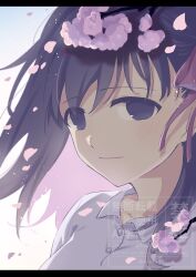 1girl akairo421 cherry_blossoms commentary_request empty_eyes fate/stay_night fate_(series) flower heaven&#039;s_feel highres letterboxed light_blush light_particles long_hair matou_sakura pink_flower pink_petals purple_eyes purple_hair shirt solo watermark white_background white_shirt