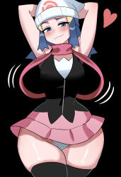 Rule 34 | 1girl, absurdres, arms up, black background, black shirt, black thighhighs, blue eyes, blue hair, blush, closed mouth, cowboy shot, dawn (pokemon), hat, heart, highres, long hair, matching hair/eyes, miniskirt, nintendo, panties, pink skirt, pokemon, pokemon dppt, scarf, shirt, simple background, skindentation, skirt, smile, smug, solo, standing, thick thighs, thighhighs, thighs, underwear, white hat, white panties, ytrall