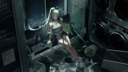 1girl absurdres animal_ears arknights arm_support bag barefoot bikini black_bikini bucket can cat_ears chair commentary crop_top earphones from_above grey_hair hair_over_one_eye halterneck highres indoors laundromat long_hair looking_at_viewer manche5ter midriff night off_shoulder ponytail rubber_duck schwarz_(arknights) shopping_bag shopping_cart sitting solo swimsuit umbrella wading washing_machine water window yellow_eyes