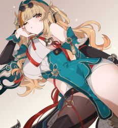 Rule 34 | 1girl, absurdres, aqua dress, aqua hat, armpit crease, awe (adorableduckyy), bare shoulders, black sleeves, breasts, cowboy shot, detached sleeves, dress, eyewear on head, glasses, grey background, hat, head rest, highres, honkai (series), honkai impact 3rd, large breasts, looking at viewer, lying, multicolored dress, nail polish, official alternate costume, on side, one eye closed, open mouth, orange eyes, pince-nez, red pupils, round eyewear, sideboob, solo, songque, songque (jovial deception: shadowdimmer), sunglasses, two side up, white dress