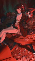 1girl 38_(sanjuuhachi) absurdres bare_legs black_coat black_hair black_shoes black_shorts blood_on_curtains card coat collarbone curly_hair dark_background dress feather_dress feather_hair_ornament feathers feet_out_of_frame flat_chest glass_shards grin gun hair_ornament hairband hand_up handgun head_tilt highres holding holding_gun holding_weapon jewelry long_sleeves looking_at_viewer looking_to_the_side necklace on_table playing_card poker_chip red_dress red_eyes red_theme reverse:1999 round_table schneider_(reverse:1999) shoes short_hair short_shorts shorts single_bare_shoulder single_off_shoulder sitting smile solo table trigger_discipline underwear weapon white_hairband