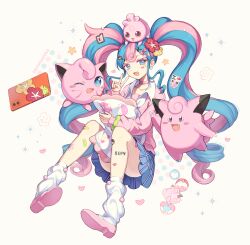 1girl bandaid bandaid_on_leg bull_sprite_(pokemon) cardigan cellphone choker clefairy clefairy_sprite_(pokemon) creatures_(company) fairy_miku_(project_voltage) flower game_freak gen_1_pokemon gen_2_pokemon hair_flower hair_ornament hatsune_miku heart heart_choker highres igglybuff jigglypuff leg_warmers long_hair multicolored_hair nintendo one_eye_closed open_mouth phone pink_cardigan pink_shoes poke_ball pokemon pokemon_(creature) project_voltage scrunchie selfie shoes skirt snowsakurachan twintails two-tone_hair v very_long_hair vocaloid wrist_scrunchie