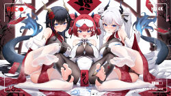 Rule 34 | 3girls, absurdres, bare shoulders, between toes, black hair, black nails, black panties, blue eyes, blush, breasts, cameltoe, china dress, chinese clothes, closed mouth, clothes lift, commentary request, covered navel, dress, dress lift, elbow gloves, fang, feet, full body, gloves, hair ornament, highres, horns, k.t.cube, large breasts, leg up, legs up, lifting own clothes, long hair, looking at viewer, mask, mask on head, multiple girls, nail polish, no shoes, open mouth, original, panties, pantyhose, pelvic curtain, recording, red dress, red hair, see-through clothes, see-through panties, short hair, sidelocks, sitting, skin fang, smile, soles, spread legs, spread toes, steam, steaming body, stirrup legwear, tail, thighhighs, toeless legwear, toenail polish, toenails, toes, twintails, underwear, viewfinder, white dress, white gloves, white hair, white panties, white thighhighs