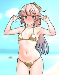 1girl bikini blue_eyes blue_sky breasts breasts_apart brown_hair collarbone commentary_request day furaggu_(frag_0416) gluteal_fold gold_bikini hair_ribbon highres kantai_collection kazagumo_(kancolle) long_hair looking_at_viewer navel ocean outdoors ponytail ribbon sky small_breasts solo standing stomach swimsuit thighs variant_set