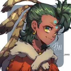 1boy appare-ranman! artist_name cape commission dark-skinned_male dark_skin earrings facial_mark fang forehead_mark fur_cape green_eyes green_hair grey_background hototo jewelry medium_hair pan_(pandora_requiem) solo twitter_username upper_body