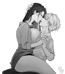 1boy 1girl absurdres asuma_mitsuya_(yunamaro) blush bra bra_lift breasts collared_shirt french_kiss from_side greyscale hand_on_another&#039;s_head highres holding_hands interlocked_fingers kiss large_breasts long_hair monochrome open_clothes open_shirt original pants shirt short_hair sitting sitting_on_person skirt underwear yaotome_tsuyako_(yunamaro) yunamaro