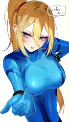 Rule 34 | 1girl, absurdres, blonde hair, blue bodysuit, blue eyes, blush, bodysuit, breasts, english text, hair between eyes, high ponytail, highres, large breasts, long bangs, long hair, metroid, mole, mole under mouth, nintendo, parted lips, ponytail, reaching, reaching towards viewer, samus aran, simple background, solo, speech bubble, very long hair, white background, yasaikakiage, zero suit