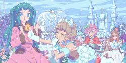 1boy 6+girls :d akai_meganee animal_ears bikini blue_bikini blue_eyes blunt_bangs blunt_ends bow brown_hair castle cat_ears closed_eyes coat dorothy_west dress ehime_nao falala_a_larm food frilled_dress frills fur-trimmed_coat fur_trim green_bow green_hair hair_bow highres hojo_cosmo holding holding_food idol_time_pripara janis_(pripara) junon_(pripara) kanon_(pripara) kishimen_hair long_hair long_sleeves manaka_laala masunikuru mittens multiple_girls nanahoshi_aira open_mouth pink_coat pinon_(pripara) pretty_series pripara purple_hair reona_west short_hair smile snow snowing sparkle swimsuit taiyo_pepper toudou_shion tsukikawa_chili two_side_up white_mittens winter winter_clothes winter_coat