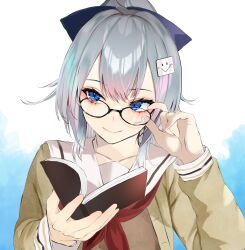 1girl :&gt; :d absurdres adjusting_eyewear black-framed_eyewear blue_eyes blue_hair blue_ribbon book bow breasts brown_serafuku brown_shirt chottoomochi glasses grey_hair hair_between_eyes hair_bow hair_ornament hair_ribbon highres holding holding_book jacket light_smile neckerchief neckerchief_between_breasts nijisanji open_clothes open_jacket open_mouth red_neckerchief red_ribbon ribbon sailor_collar school_uniform serafuku shirt simple_background smile virtual_youtuber white_sailor_collar yukishiro_mahiro yukishiro_mahiro_(2nd_costume)