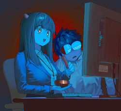 1boy 1girl black_hair blue_jacket blue_light blue_screen_of_death chaucer_(some1else45) computer_keyboard cone_horns desk green_eyes highres horns id_card jacket lanyard long_hair monitor nahia_(some1else45) office_lady on_chair original reflection reflective_eyewear shirt short_hair sitting some1else45 sweatdrop white_shirt