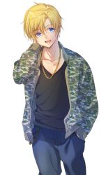Rule 34 | 1boy, alternate costume, black shirt, blonde hair, blue eyes, blue pants, camouflage, clannad, commentary request, cowboy shot, denim, hand in pocket, jacket, jeans, jewelry, male focus, necklace, pants, satomi yoshitaka, shirt, simple background, solo, standing, sunohara youhei, white background