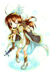 Rule 34 | 1girl, 2000s (style), ahoge, aura, brown dress, brown gloves, brown hair, cape, commentary request, dress, feather hair ornament, feathers, full body, fur-trimmed cape, fur-trimmed gloves, fur trim, gloves, green eyes, grey cape, hair ornament, hairband, high wizard (ragnarok online), holding, holding staff, layered dress, leaning forward, long hair, looking at viewer, marker (medium), miesa, one eye closed, open mouth, ragnarok online, simple background, smile, solo, staff, standing, traditional media, two-tone dress, v, white background, white dress, yellow hairband