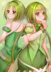 Rule 34 | 2girls, bare shoulders, blush, bow, breasts, closed mouth, dress, green bow, green dress, green eyes, green hair, green wrist cuffs, highres, long hair, looking at viewer, looking back, medium breasts, mew lettuce, midorikawa lettuce, multiple girls, parted lips, smile, strapless, strapless dress, tokyo mew mew, tokyo mew mew new, twintails, very long hair, wrist cuffs, yanluicarolchi1