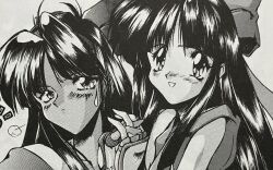 1990s_(style) 2girls ainu_clothes black_hair blush breasts dark-skinned_female dark_skin dual_persona fingerless_gloves gloves highres holding_hands long_hair monochrome multiple_girls murasaki_nakoruru nakoruru open_mouth retro_artstyle samurai_spirits small_breasts smile snk sweatdrop tongue traditional_media