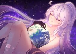 1girl absurdres closed_eyes collarbone commentary cowlick earth_(planet) feet_out_of_frame highres holding honkai_(series) honkai_impact_3rd illestfairys kiana_kaslana kiana_kaslana_(herrscher_of_finality) knees_up long_hair nude planet smile solo space thighs very_long_hair white_hair
