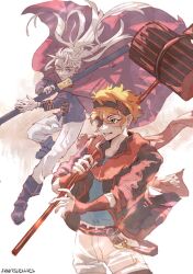 Rule 34 | 2boys, belt, black headband, black jacket, black order uniform, blue shirt, boots, brown background, brown boots, cape, closed mouth, coat, collared jacket, d.gray-man, ear piercing, earrings, eyepatch, facial mark, floating, floating cape, floating hair, floating scarf, fruitsjellies, glasses, gloves, green eyes, hair between eyes, hammer, headband, highres, holding, holding hammer, holding staff, holding weapon, hoop earrings, huge weapon, jacket, jewelry, landing, lavi, long hair, looking ahead, looking down, looking to the side, male focus, messy hair, military, military uniform, multiple boys, one eye closed, one eye covered, orange hair, pants, parted lips, past lavi (d.gray-man), piercing, pink cape, purple boots, purple coat, purple eyes, red scarf, red stripes, red wrist cuffs, round eyewear, scar, scar across eye, scar on face, scarf, shirt, short hair, sidelocks, signature, staff, striped clothes, striped coat, striped headband, striped jacket, thigh boots, twitter username, two-tone background, weapon, white background, white gloves, white hair, white pants, wrist cuffs, yellow stripes