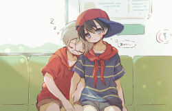 Rule 34 | 2boys, absurdres, arm hug, bandana, bandana around neck, baseball cap, black hair, blue eyes, blue shorts, blush, brown shorts, closed eyes, glasses, grey hair, hat, highres, lloyd (mother), male focus, mother (series), mother 1, multiple boys, ninten, nintendo, open mouth, red bandana, red hat, red sweater, shirt, shorts, sideways hat, sitting, sleeping, speech bubble, striped clothes, striped shirt, sweater, thought bubble, train interior, user eehs2222, zzz