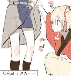 2girls ? absurdres belt black_socks blonde_hair blue_dress chinese_commentary chinese_text clothes_lift commentary_request dkl_(dinosaurkl2) dress dress_lift grey_belt grey_dress hair_between_eyes hair_ribbon highres inoue_takina japanese_clothes kimono kneehighs lycoris_recoil lycoris_uniform multiple_girls nishikigi_chisato official_alternate_costume one_side_up pleated_dress red_eyes red_kimono red_ribbon ribbon short_hair simple_background socks squatting translation_request two-tone_dress white_background