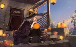 1girl ankle_boots artist_name black_cape black_cat black_hat black_nails black_pantyhose blonde_hair blue_lips blue_skirt blush boots bow braid buckle cape cat closed_mouth commentary door female_focus flower glowing green_eyes halloween hand_rest hat hat_flower hat_ornament ivy jack-o&#039;-lantern knees_together_feet_apart lantern light_particles long_hair looking_afar looking_to_the_side marmaladica morning nail_polish orange_eyes original outdoors own_hands_together pantyhose plant pointy_footwear pumpkin red_bow shoes short_sleeves single_braid sitting skirt sleeping smile solo stairs star_(symbol) star_print stone_wall striped_clothes striped_pantyhose sunrise veranda vertical-striped_clothes vertical-striped_pantyhose very_long_hair wall white_boots witch witch_hat