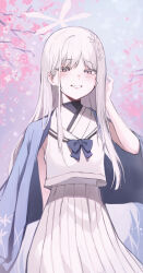 1girl absurdres arm_behind_back black_undershirt blue_archive blue_bow blue_bowtie blush bow bowtie commentary_request falling_petals halo haori highres japanese_clothes long_hair mamo_(user_jjca7524) nagusa_(blue_archive) outdoors petals pleated_skirt school_uniform serafuku shirt skirt sleeveless sleeveless_shirt smile solo straight_hair very_long_hair white_hair white_serafuku