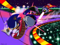 3boys animal_ears black_eyes blue_fur dr._eggman drifting facial_hair furry furry_male glasses gloves highres laser metal_sonic multiple_boys mustache pepijuan red_eyes red_shoes robot running shoes sonic_(series) sonic_cd sonic_the_hedgehog sonic_the_hedgehog_(classic) spikes stardust_speedway
