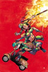 4boys arm_wrap blank_eyes colored_skin dike_ruan donatello_(tmnt) explosion from_side furry furry_male green_skin highres holding holding_staff holding_weapon leonardo_(tmnt) michelangelo_(tmnt) moped motor_vehicle multiple_boys raphael_(tmnt) red_background sai_(weapon) simple_background staff teenage_mutant_ninja_turtles turtle_boy weapon