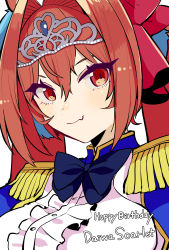 1girl animal_ears blue_eyes bow brown_eyes brown_hair commentary_request daiwa_scarlet_(umamusume) english_text epaulettes eyebrows_hidden_by_hair fang fang_out hair_between_eyes hair_bow hair_intakes highres long_hair looking_at_viewer red_bow simple_background skin_fang solo tiara twintails umamusume upper_body white_background yunekoko