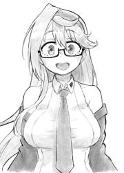 1girl ahegao_w_peace_sensei breasts commentary_request glasses greyscale jacket large_breasts monochrome necktie off_shoulder open_mouth ore_ga_suki_nano_wa_imouto_dakedo_imouto_janai shirt sleeveless sleeveless_shirt smile solo takeomi_(shitamatsuge) upper_body