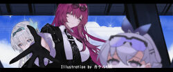 3girls artist_name black_gloves black_hairband black_jacket black_necktie blue_sky blurry blurry_foreground breasts closed_mouth day firefly_(honkai:_star_rail) glasses gloves grey_hair hair_between_eyes hairband half_gloves honkai:_star_rail honkai_(series) jacket kafka_(honkai:_star_rail) large_breasts letterboxed long_hair looking_at_viewer missing_commentary multiple_girls necktie offering_hand pince-nez purple_eyes purple_hair round_eyewear shirt silver_wolf_(honkai:_star_rail) sky smile srpzk sunglasses white_shirt