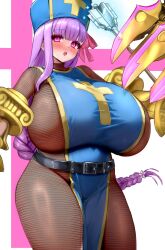 1girl absurdres belt blue_dress blue_hat blush bodystocking braid braided_ponytail breasts claw_(weapon) cosplay cross cross_print dragon_quest dragon_quest_iii dress fate/grand_order fate_(series) hair_ribbon hat highres huge_breasts long_hair looking_at_viewer mace mitre open_mouth passionlip_(fate) pelvic_curtain pink_eyes pink_ribbon priest_(dq3) priest_(dq3)_(cosplay) purple_hair raskasar ribbon sideboob sideless_dress solo tabard thick_thighs thighs very_long_hair weapon