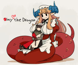 2girls between_breasts borrowed_character breasts censored dragon_girl english_text full_body highres kneeling monster_girl multiple_girls murgoten ordo_mediare_sisters_(ironlily) original pointy_ears scribble_censor sitting sitting_on_person spiral_horn